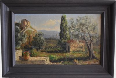 an oil painting of a landscape with trees and a building in the background