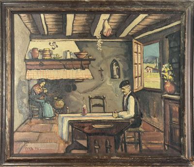 tableau représentant un homme et une femme assis à une table dans une cuisine