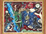 an image of a painting of a group of people on a red and blue background