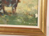 a painting of a cow and a dog in a field