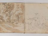 an old book with a drawing of a forest and a road