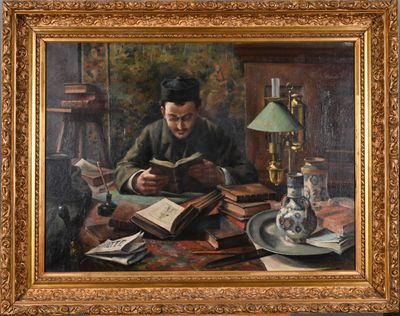 painting of a man sitting at a table reading a book