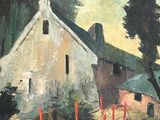une peinture représentant un bâtiment surmonté d'une horloge
