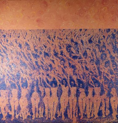 un tableau représentant un groupe de personnes debout devant un mur