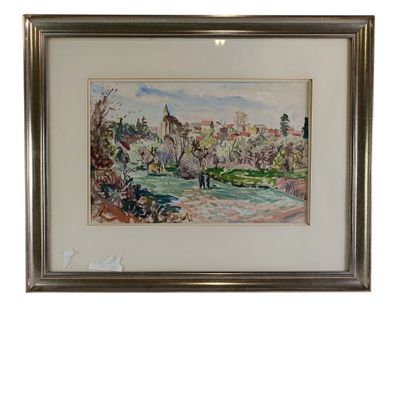 aquarelle encadrée représentant un paysage avec une église au loin