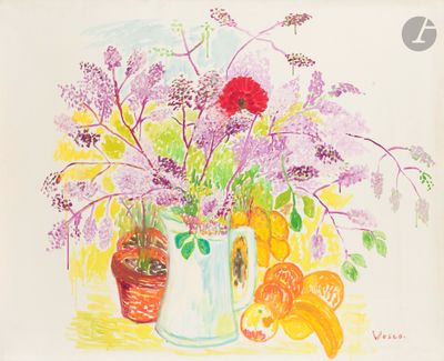painting of a vase of flowers and fruit on a table