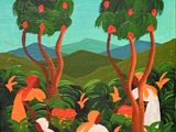 painting of a group of people picking apples from a tree