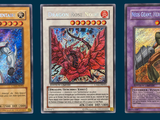 three cards of different colors and designs on a blue background