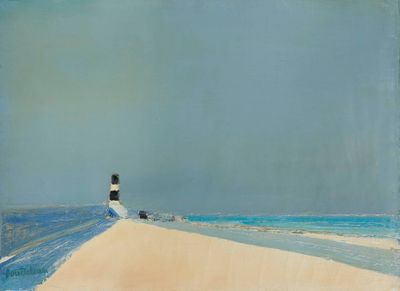 une image représentant un tableau d'un phare sur une plage