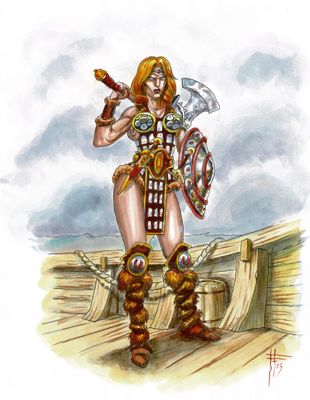 un dessin représentant une femme en armure tenant une épée et un bouclier