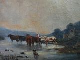 a painting of a group of cows crossing a river