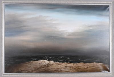 an oil painting of a lighthouse on a rocky beach under a cloudy sky