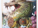 painting of a dragon statue with flowers in front of it