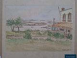 une aquarelle représentant une maison et un bateau sur l'eau