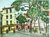 peinture représentant une scène de rue avec des personnages et des bâtiments en arrière-plan