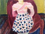 une peinture à l'huile représentant une femme assise sur une chaise, vêtue d'une jupe