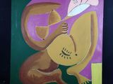 tableau représentant un singe tenant un morceau de papier dans la bouche