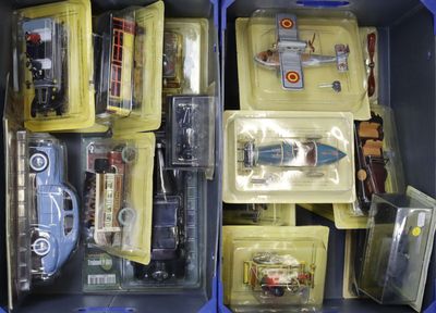 a blue box filled with toy cars and other toys
