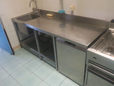 un plan de travail en acier inoxydable dans une cuisine équipée d'un évier et d'une cuisinière