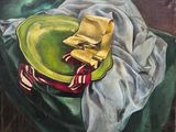 une peinture représentant une assiette sur laquelle sont posés un couteau et une fourchette