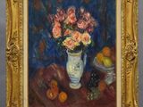 painting of flowers in a vase and fruit on a table