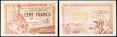 two old french bank notes with a picture of a man and a woman