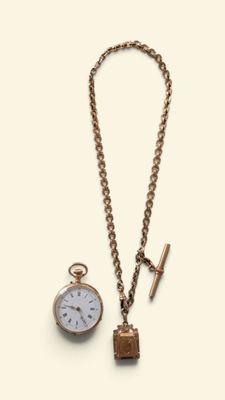a gold chain with a pocket watch and a key on it