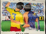 poster of a couple of soccer players standing next to each other in front of a crowd