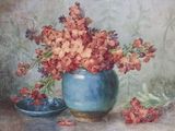 a painting of flowers in a blue vase on a table