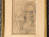 un dessin représentant un homme et une femme dans une cour