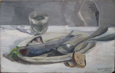 une peinture représentant un poisson dans une assiette, à côté d'un verre d'eau