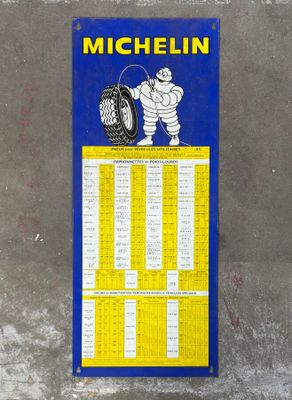 blue and yellow michel michel tire service sign on a concrete wall