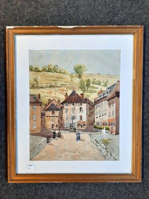 une image représentant un tableau illustrant une scène de rue avec un cheval et une calèche