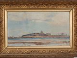 an oil painting of a landscape with a castle in the distance