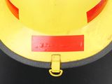 a yellow hard hat with a red stripe on it