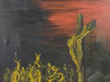 une peinture à l'huile représentant un groupe de personnes rassemblées autour d'un crucifix