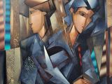 tableau représentant deux femmes coiffées de chapeaux et tenant un couteau devant un immeuble