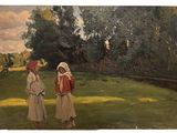 tableau représentant deux femmes debout dans un champ, avec des arbres en arrière-plan
