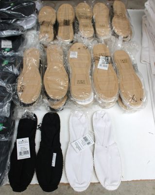 many pairs of shoes that are sitting on a table