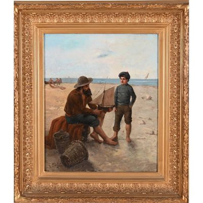 une peinture à l'huile représentant deux hommes sur la plage avec un bateau