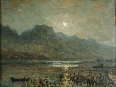 tableau représentant un lac avec une montagne en arrière-plan