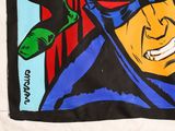 painting of a man with a green mask and a red and blue cape