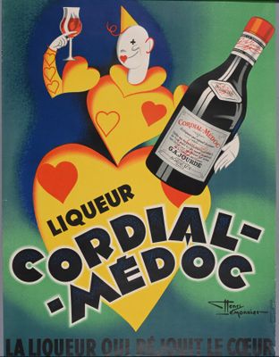 affiche publicitaire pour une bouteille de cognac Meboc, représentant un clown tenant un verre de vin