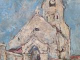 an oil painting of a church with a clock on the front of it