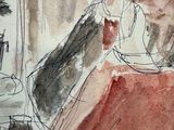 a drawing of a woman sitting at a table