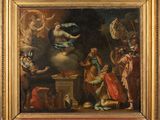 an oil painting on canvas of a scene with angels and other figures