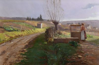 un tableau représentant une femme debout près d'un puits au milieu d'un champ