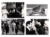 several black and white photos of a man and a woman on a boat