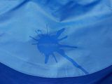 the back of a blue jacket with a bug on it