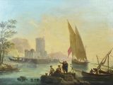 painting of boats on a river with a castle in the background